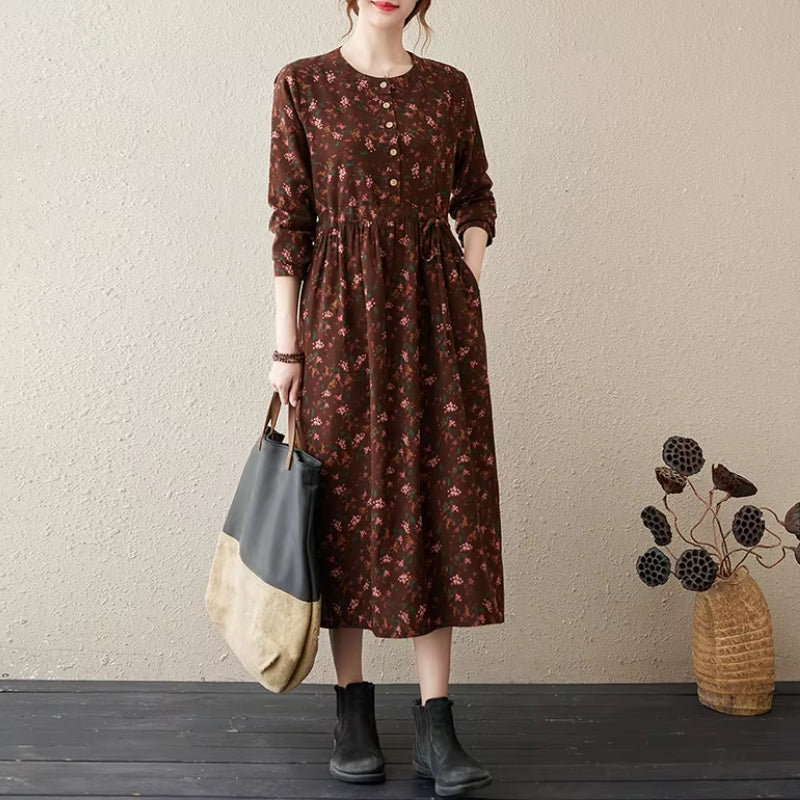 Floral linen midi dress lightweight breathable cotton blend effortless vintage silhouette for women