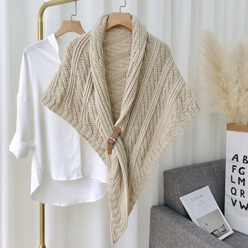 Women's triangle knitted cashmere-blend plaid shawl wrap with leather loop closure, soft cozy style
