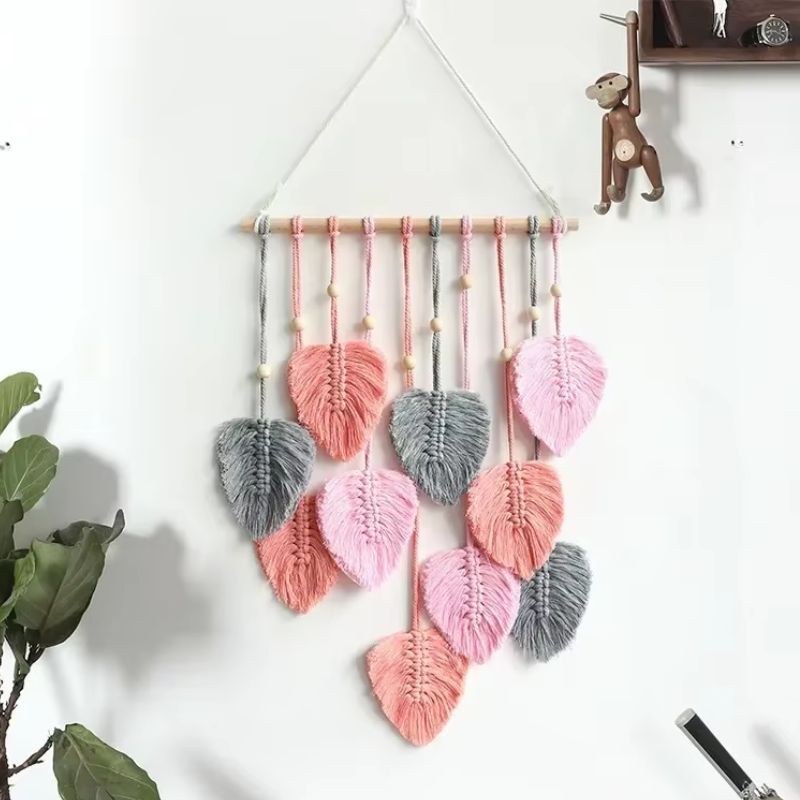 Handcrafted boho macrame leaf wall hanging in natural cotton, eco-friendly foliage decor for living spaces
