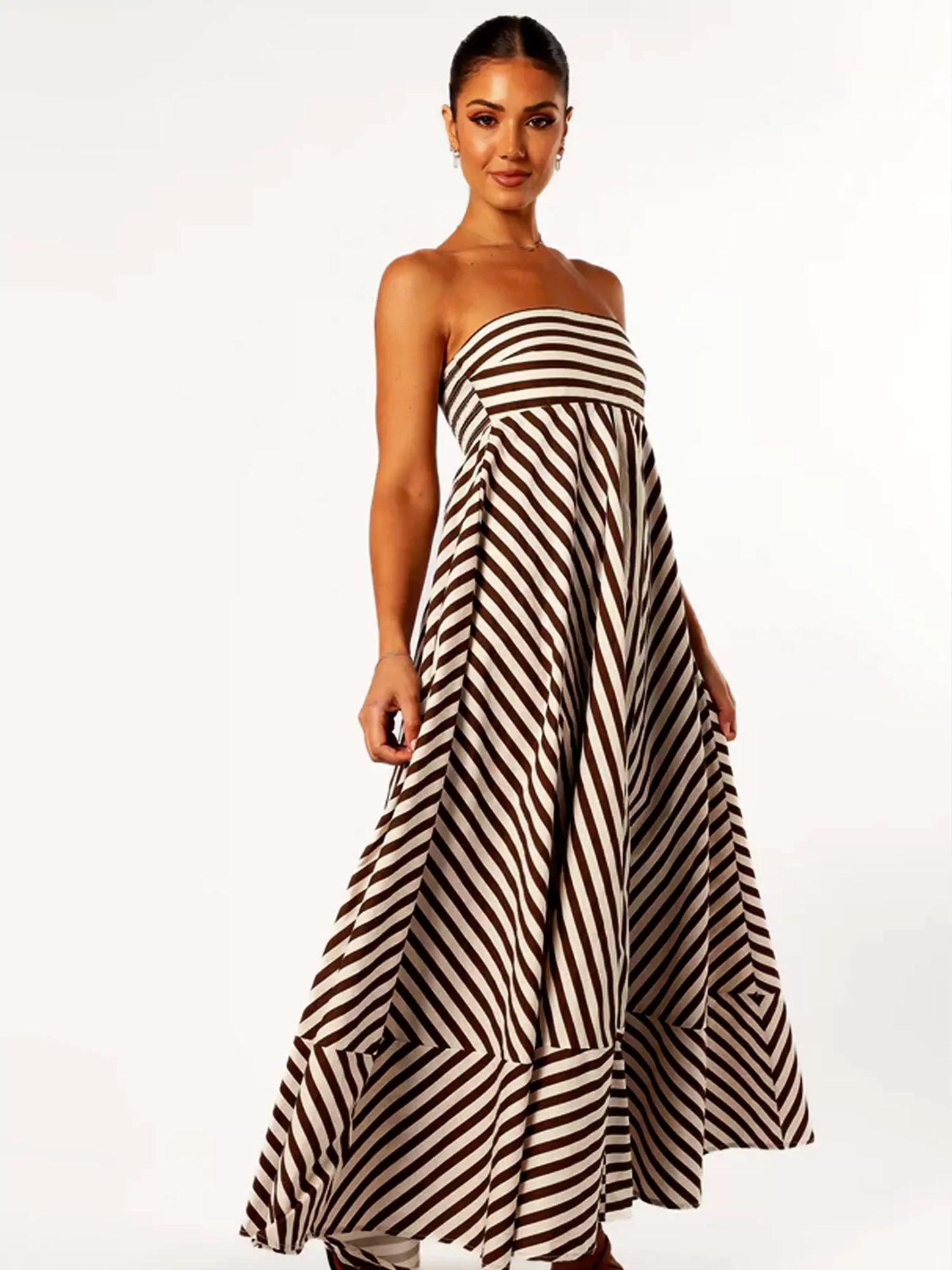 Claire strapless maxi dress white black mixed stripes ruched bandeau bodice flowing A-line silhouette