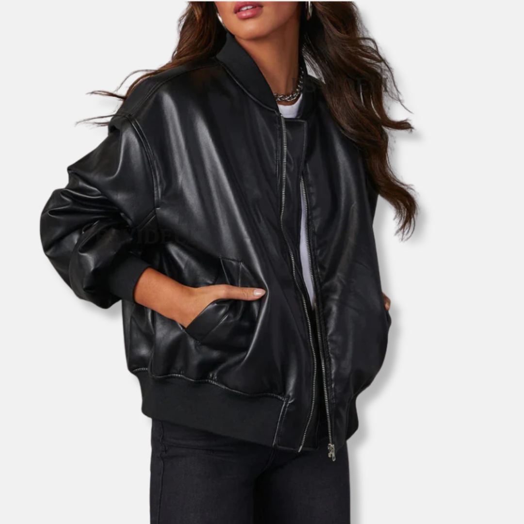 Women's black oversized PU leather jacket relaxed fit full zip ribbed trim bold style