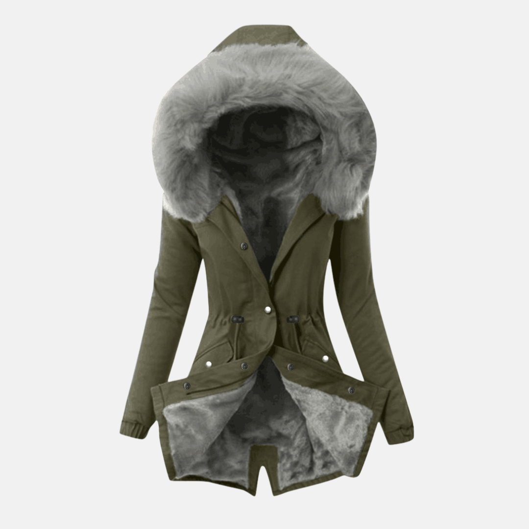 Women's cozy slim fit mid-length jacket with adjustable waist and plush-lined hood, flap pockets
