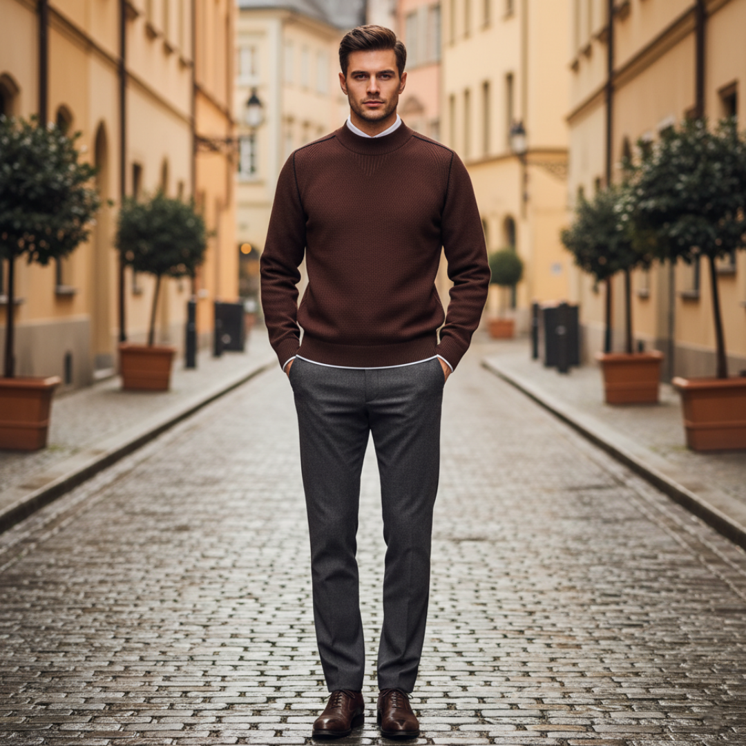 Men's crew neck sweater premium knit smart casual regular fit with contrasting shoulder seams