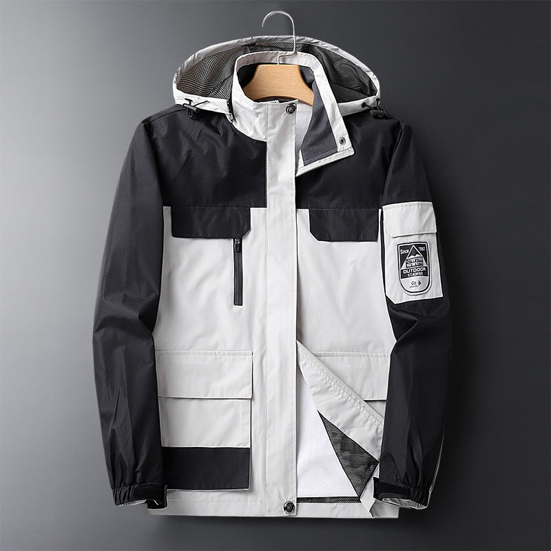 Men's waterproof hooded rain jacket breathable fit with multiple pockets for outdoor activities