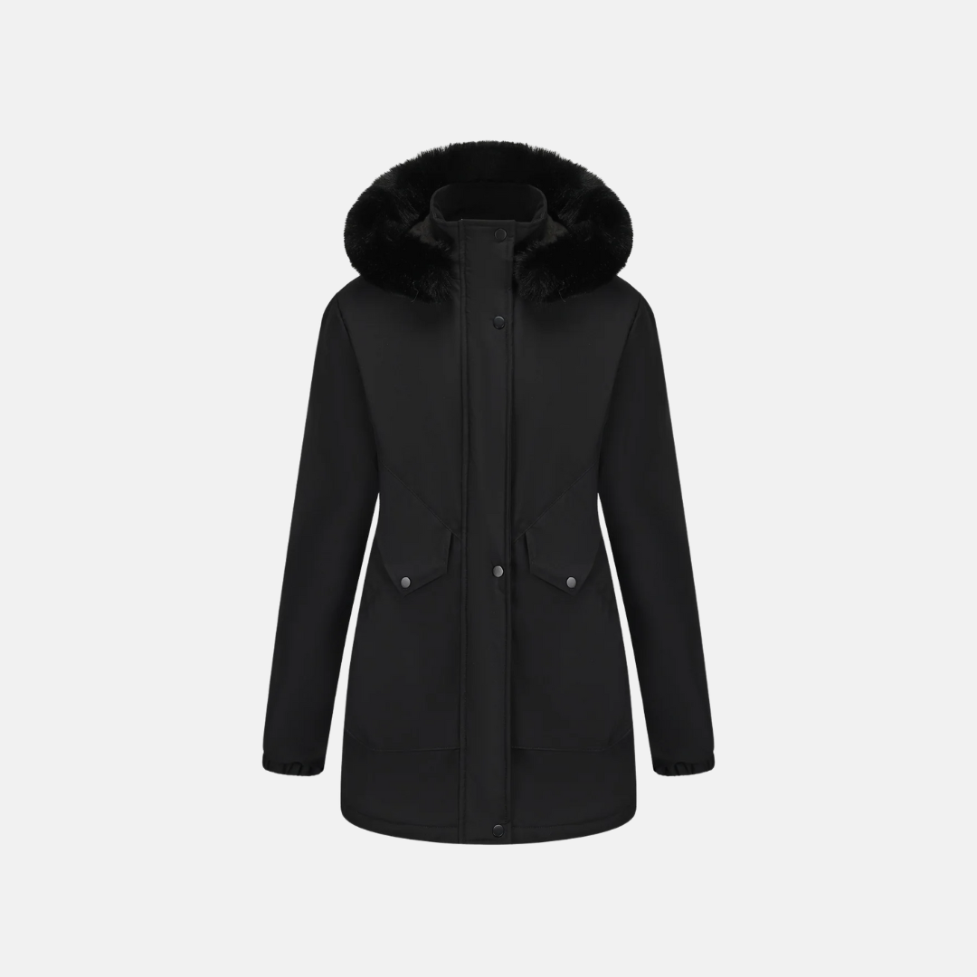 Women's mid-length parka jacket with cozy faux fur hood, adjustable waist, and snap closure for cold weather