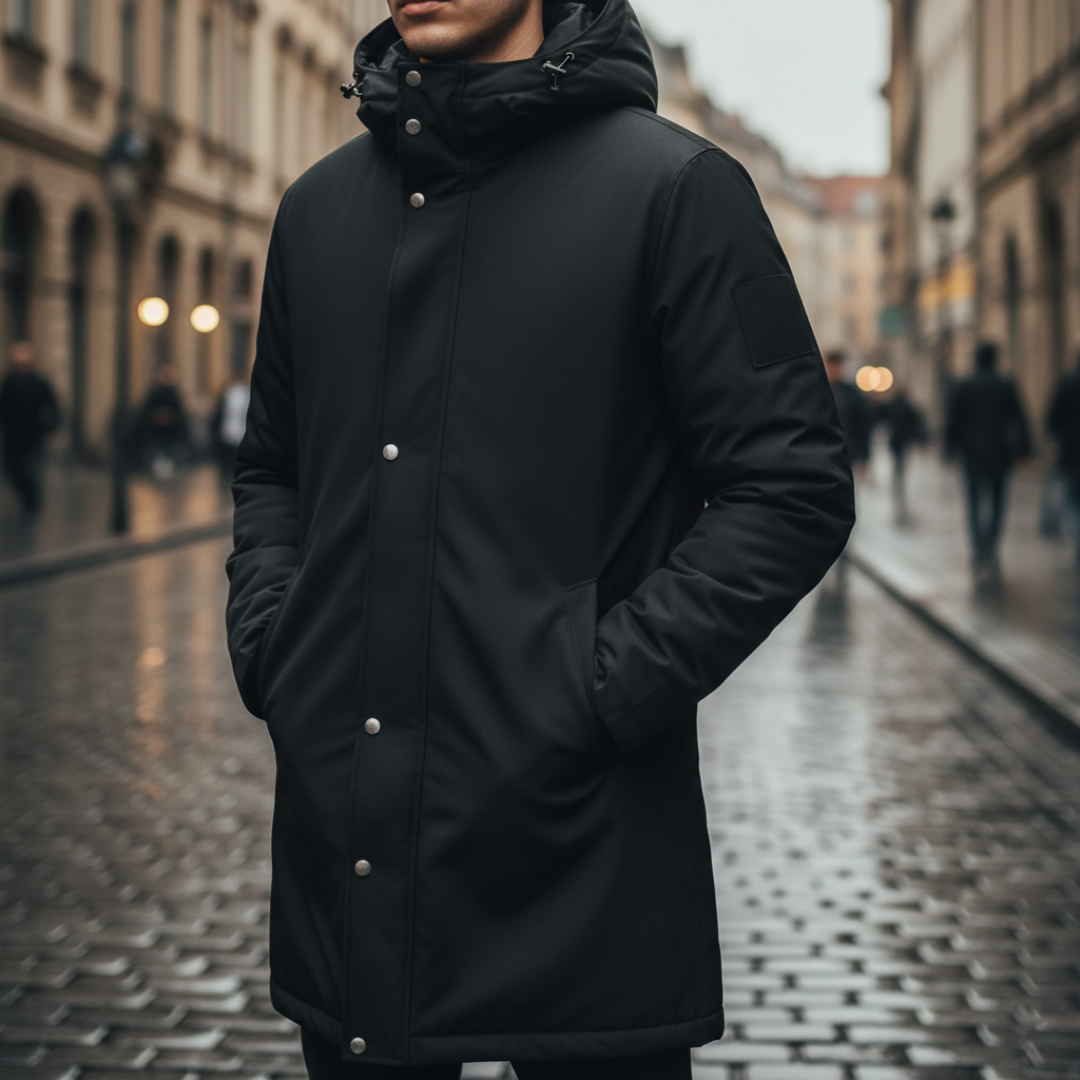 Men's double-breasted winter coat in blue black or khaki slim structured cut with premium durable fabric