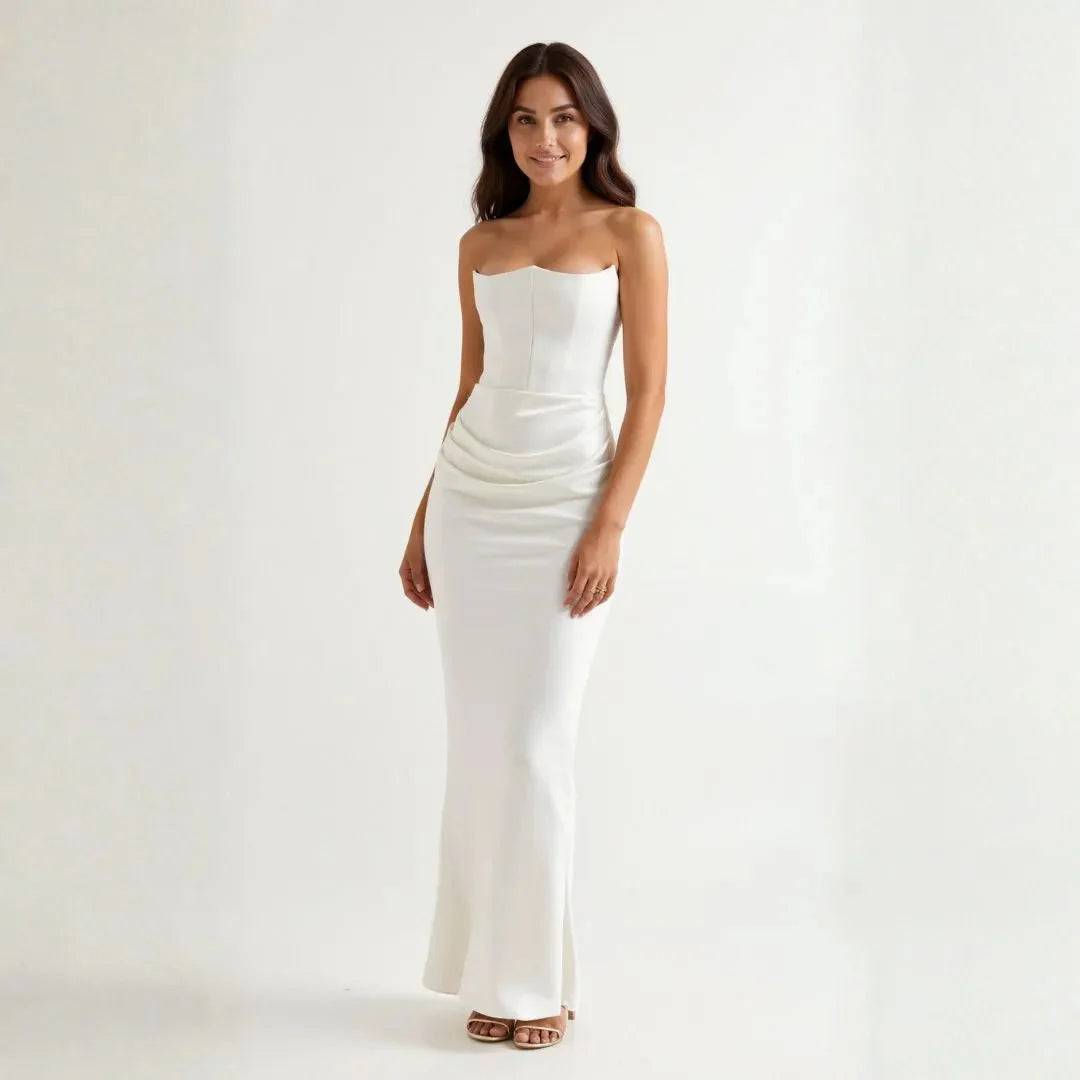 Satin maxi dress with sculpted tube bodice and draped waist detail for glamorous evening wear