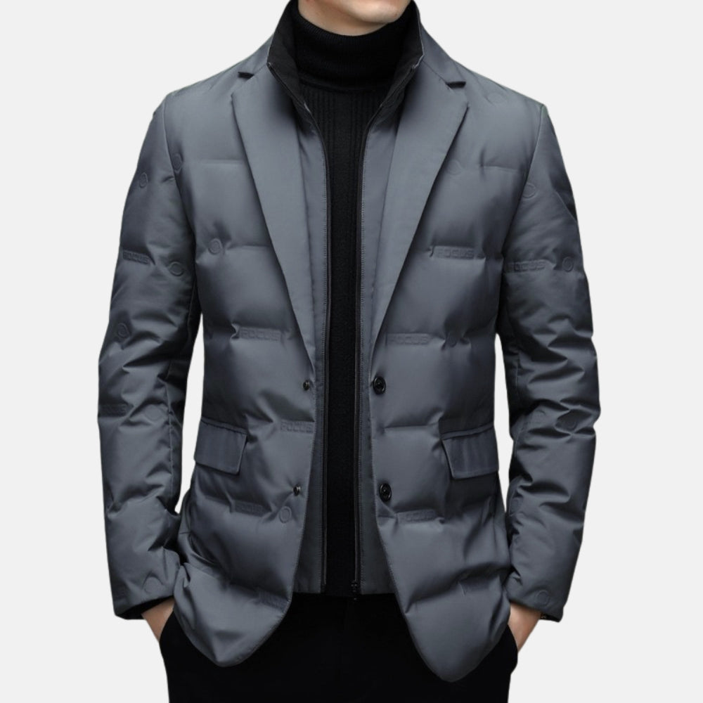 Men's navy quilted duck down jacket tailored fit two-button front refined insulation
