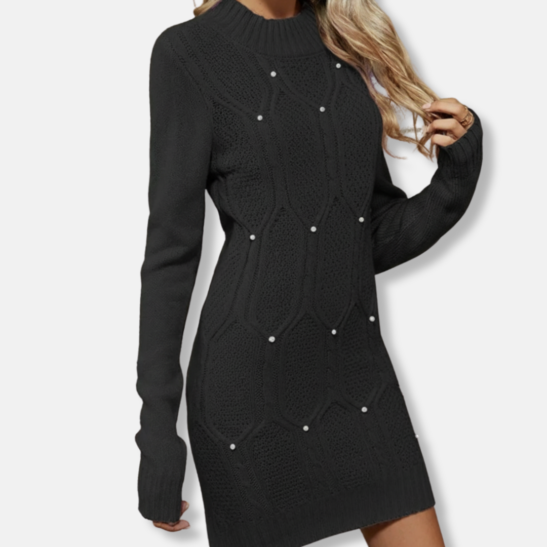 Women's slim fit mini knit dress mock neck long sleeve textured pattern chic everyday style