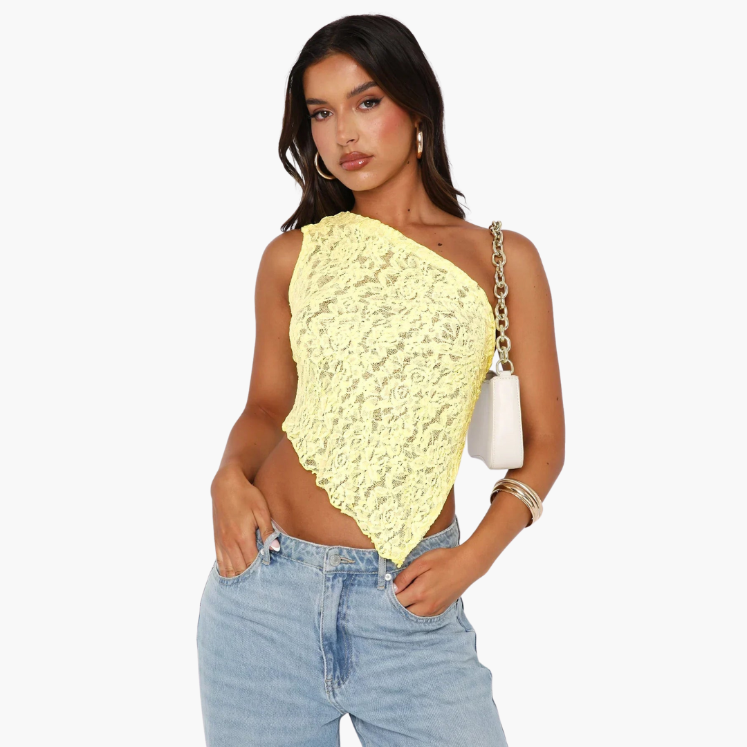 White lace one-shoulder top women asymmetrical cut elegant stageworthy bold fashion style