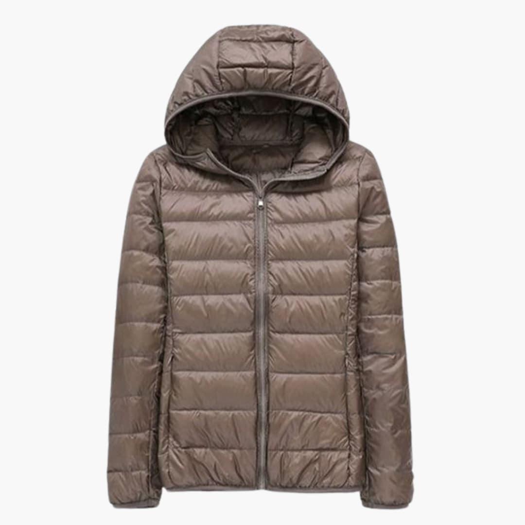 Women's hooded quilted jacket full zipper hidden side pockets transitional weather casual style