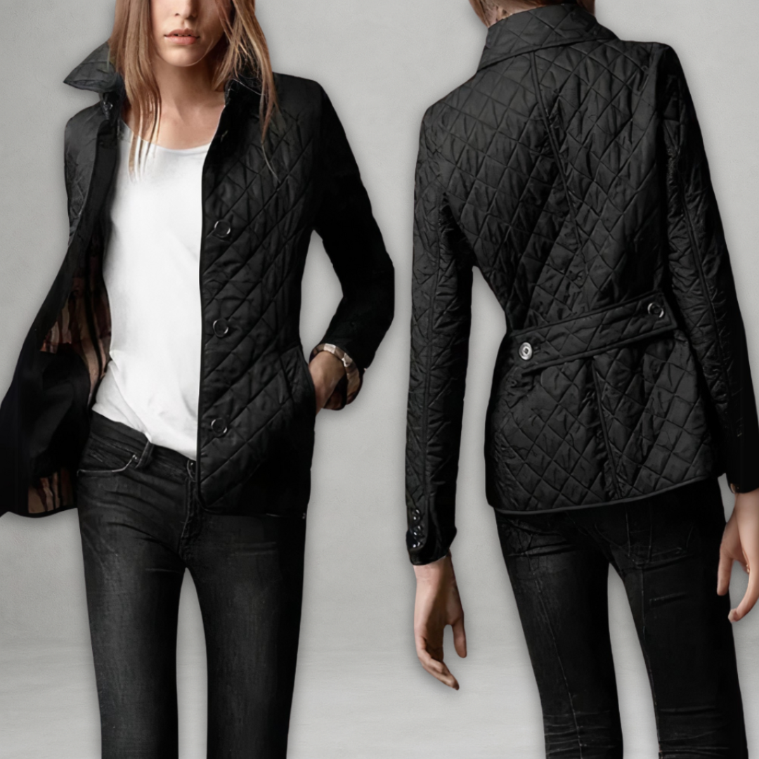 Black quilted button-front jacket tailored silhouette with structured pattern for city wear