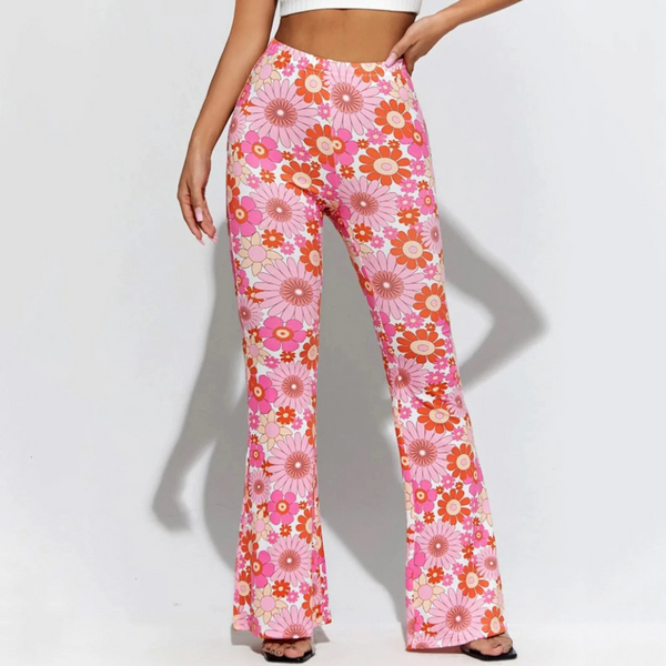 Women's high-waist floral flared pants retro chic cotton-blend silhouette for day to night outfits