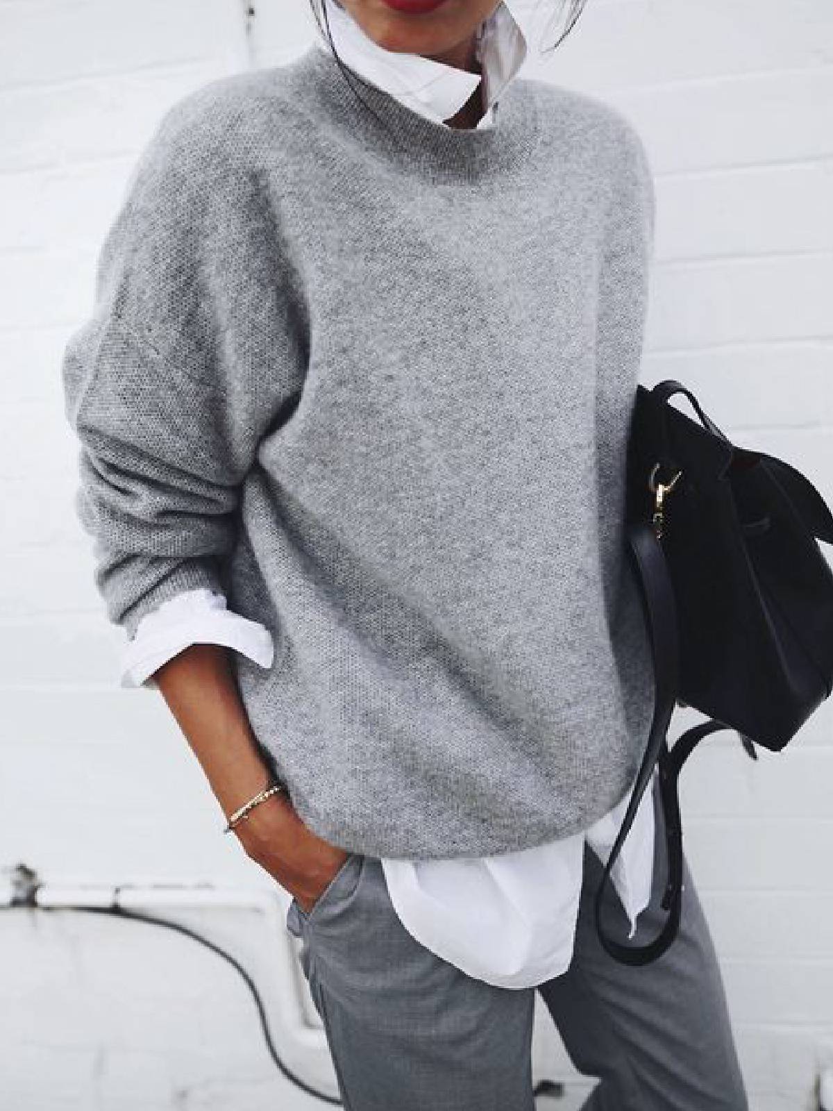 Oversized wool blend sweater round neck dropped shoulders cozy minimalist everyday casual style