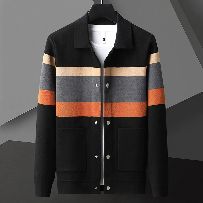Striped varsity knit jacket unisex relaxed fit soft wool button-up retro athletic casual fall layer