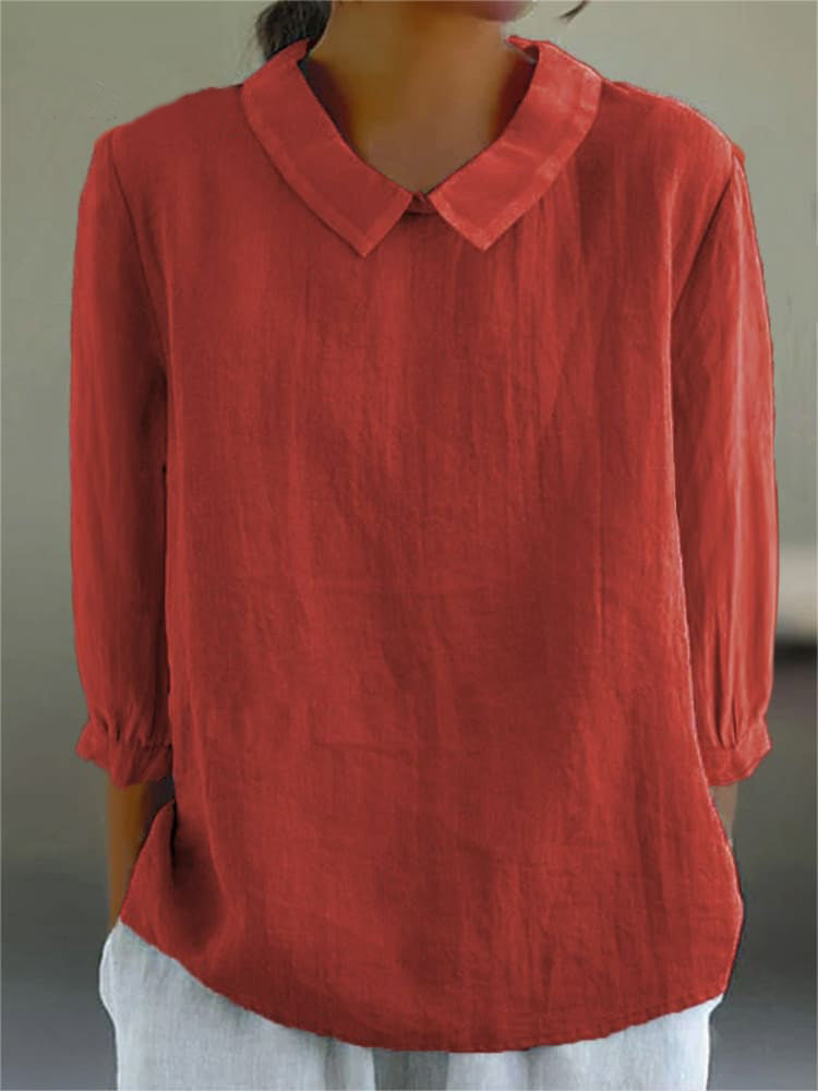 Women's beige cotton linen three-quarter sleeve relaxed shirt with turn-down collar retro casual fit