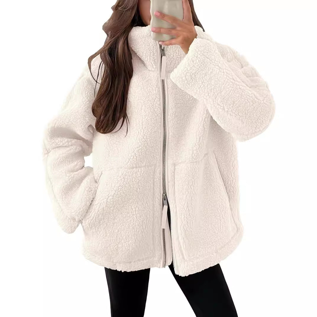 Women's wool blend zip-up jacket relaxed modern fit notched lapel cozy winter essential