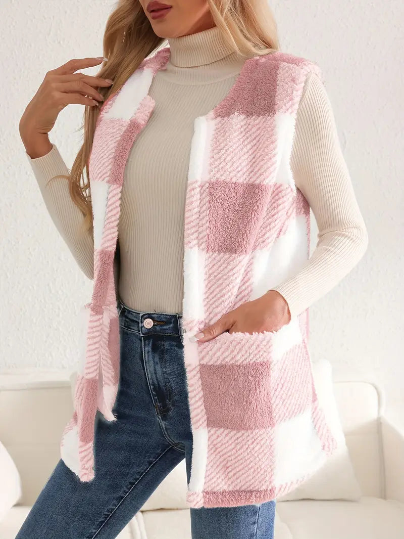 Unisex buffalo plaid sherpa fleece vest with deep pockets in bold oversized check pattern