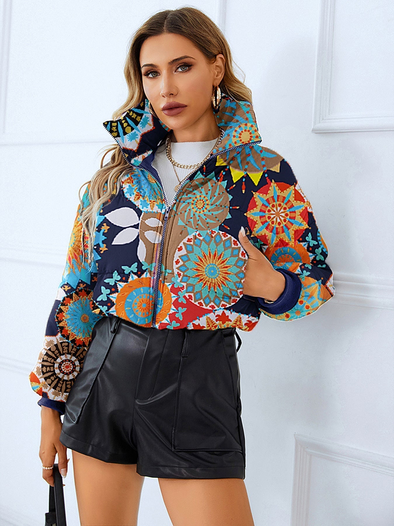 Women's short puffer jacket leopard skull print slim fit cropped bold statement outerwear