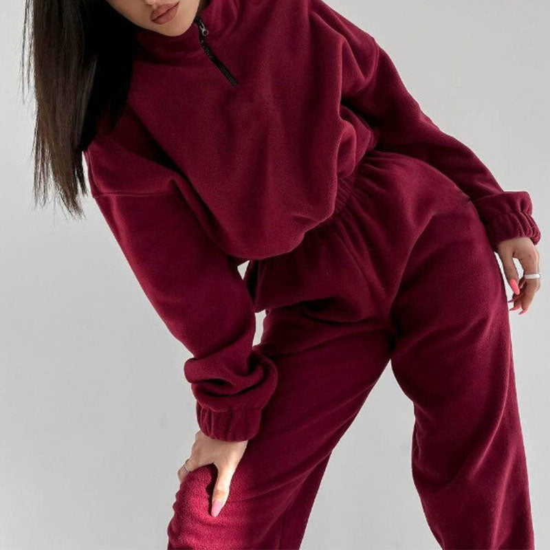 Women's solid color polyester two-piece set stand collar top autumn winter casual outfit