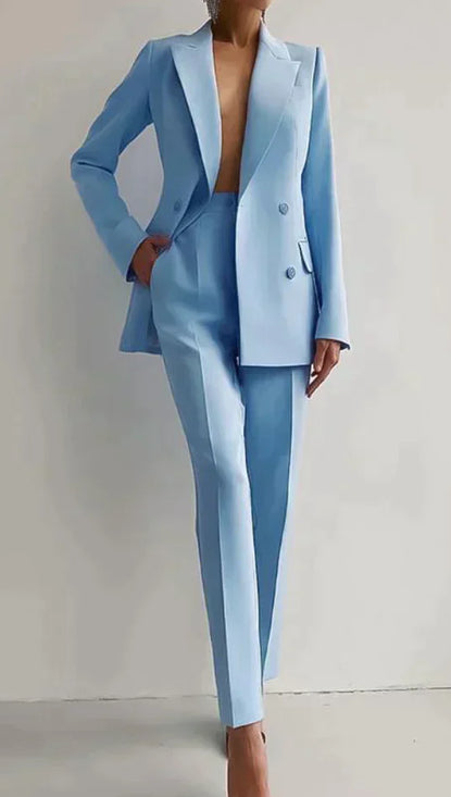 Women's solid-color single-breasted blazer and high-waist pants set tailored professional casual chic