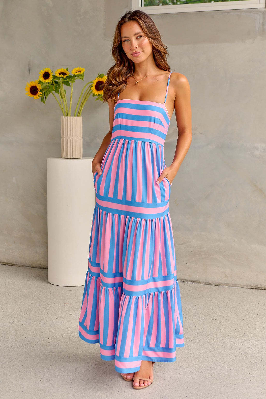 Striped flowy midi dress sleeveless square neck backless lightweight summer women beach style