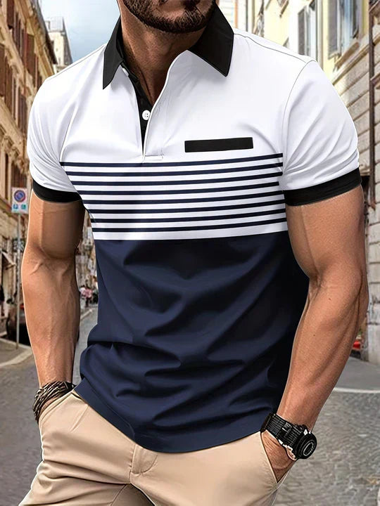 Men's striped polo shirt in classic horizontal pattern, breathable lightweight fabric for casual summer wear
