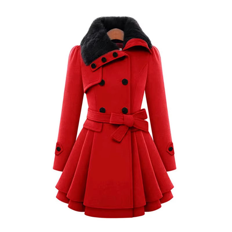 Women's wool overcoat with plush faux fur collar, double-breasted belted fit-and-flare silhouette, layered hem
