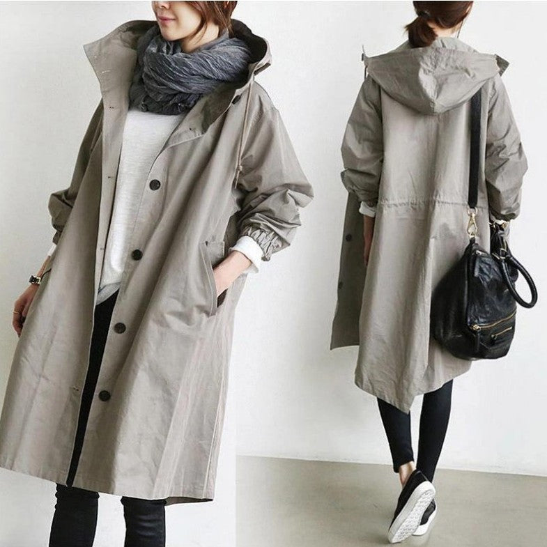 Women's casual mid-length windbreaker jacket with long sleeves, lightweight windproof design