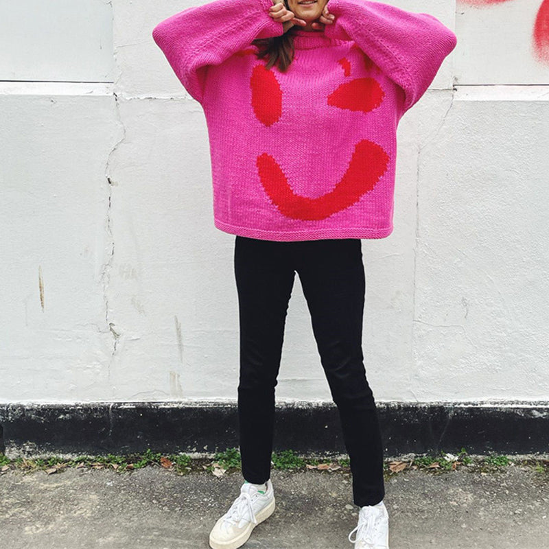 Unisex beige knit sweater with retro smiley face embroidery, cozy cotton blend casual fall style
