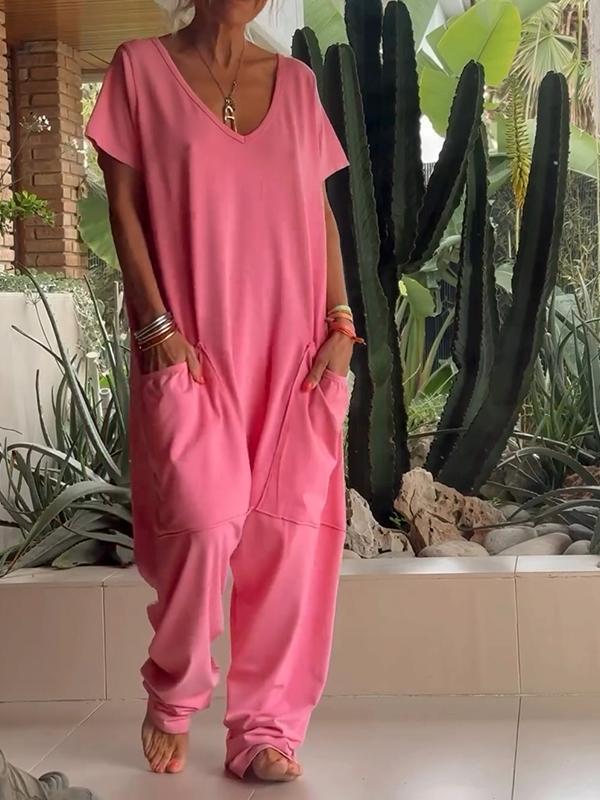 Women's white cotton casual V-neck jumpsuit short sleeve solid color relaxed fit one-piece
