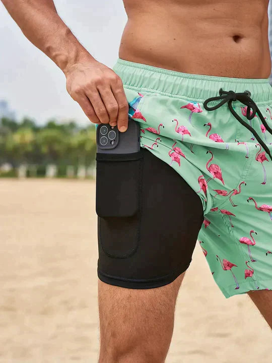 Men's drawstring beach shorts tropical palm print bold coastal style comfortable relaxed fit