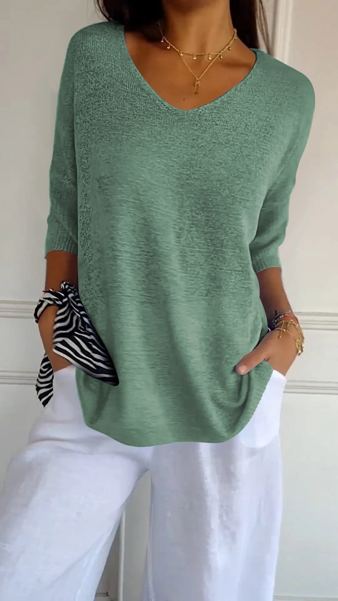 Women's solid color knitted V-neck cotton top, casual medium sleeve lightweight breathable spring summer