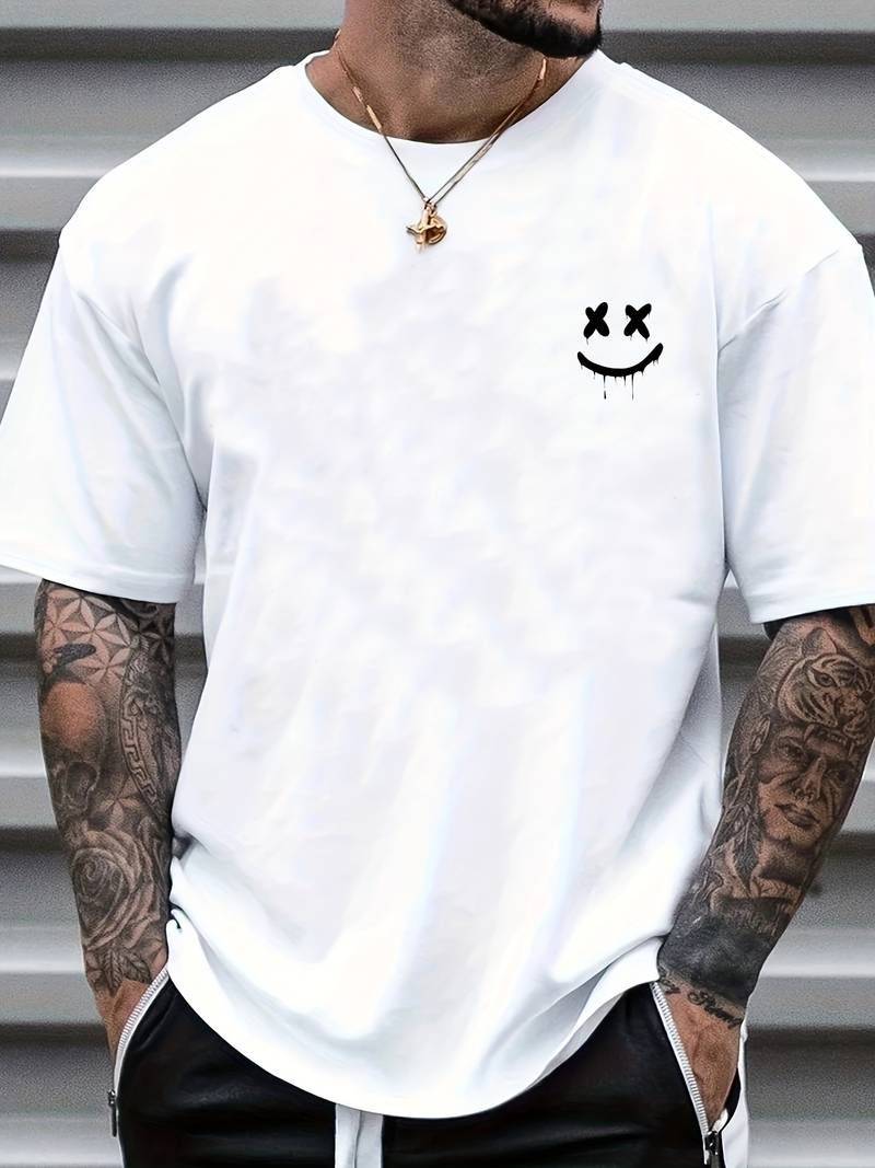 White crewneck tee with bold smiling Brandon graphic print, casual everyday fit