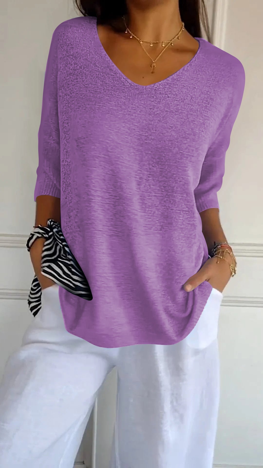 Women's solid color knitted V-neck cotton top, casual medium sleeve lightweight breathable spring summer