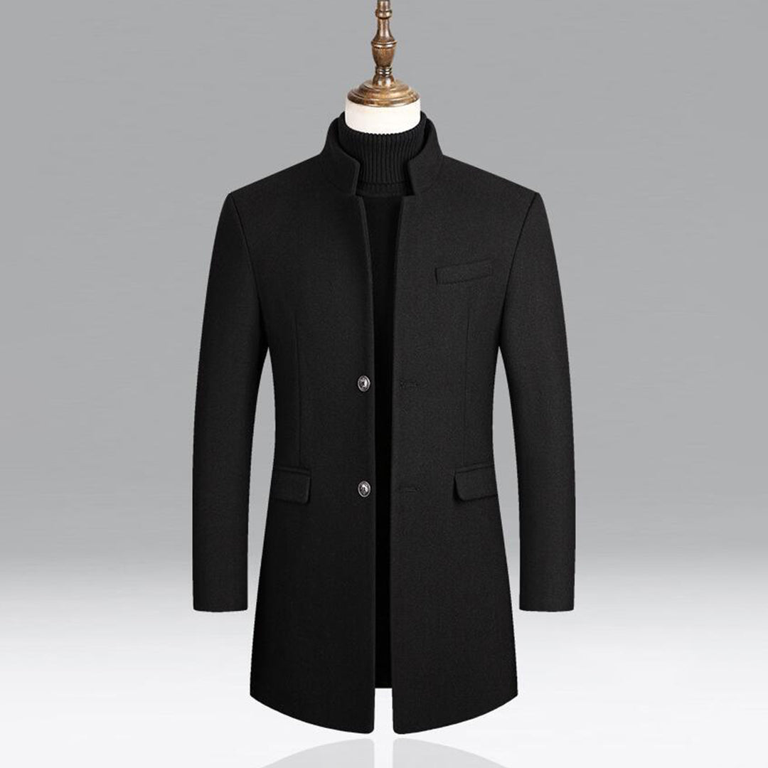 Men's charcoal long coat straight structured cut premium winter outerwear for urban professionals