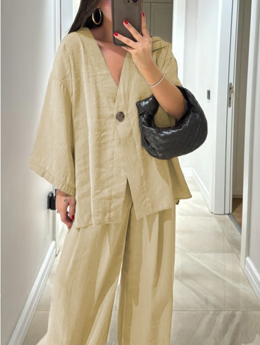 Women's casual solid-color v-neck top and pants two-piece polyester set for everyday wear