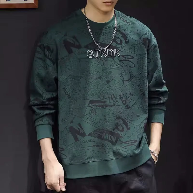 Oversized black crewneck sweatshirt all-over anime manga panels print bold graphic cotton blend