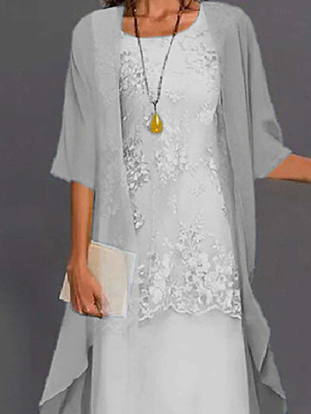 Elegant two-piece lace chiffon formal dress with delicate lace overlay, flattering modern cut for women