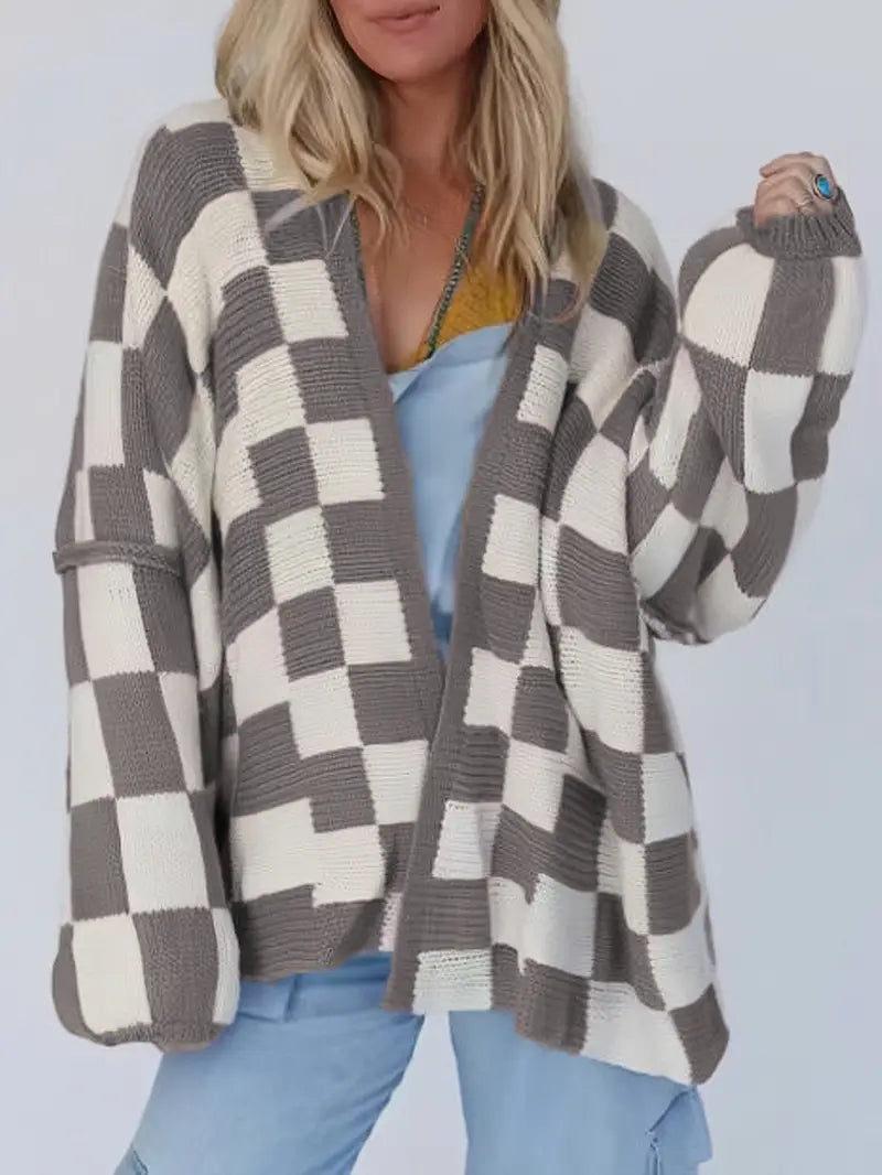 Women's oversized open-front checkered knit cardigan lightweight breathable layer bold checkerboard texture