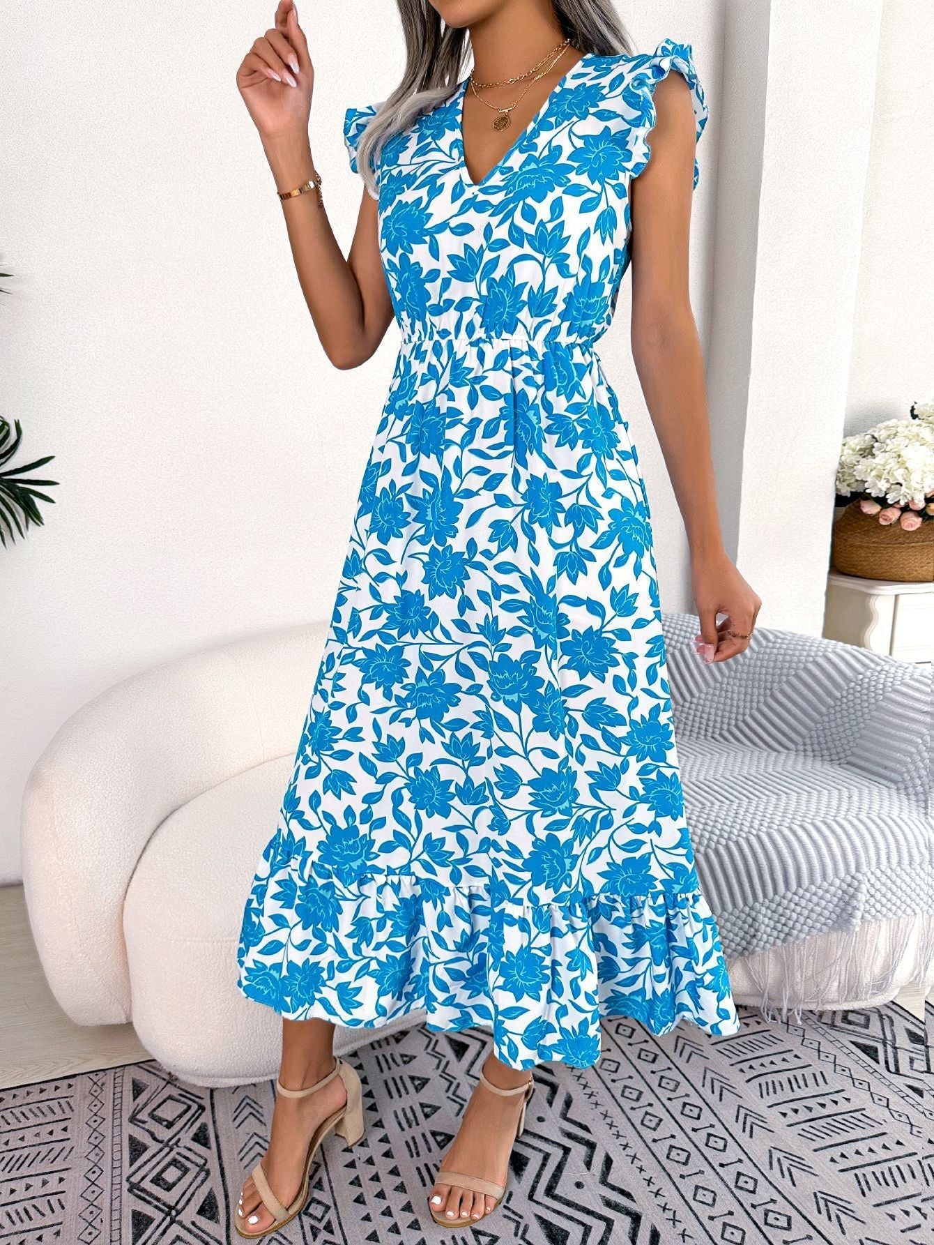 Floral chiffon midi dress flutter sleeves defined waist lightweight breathable dark blue women