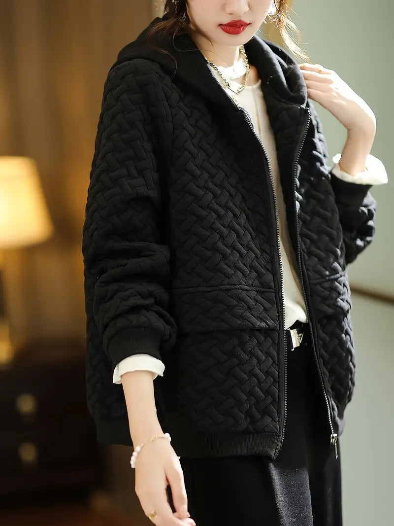Women's quilted zip-up hoodie jacket beige basketweave texture with contrast black hood and cuffs