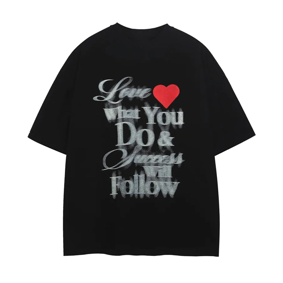 White cotton relaxed-fit t-shirt bold spray-print "Love What You Do" text with bright heart motif