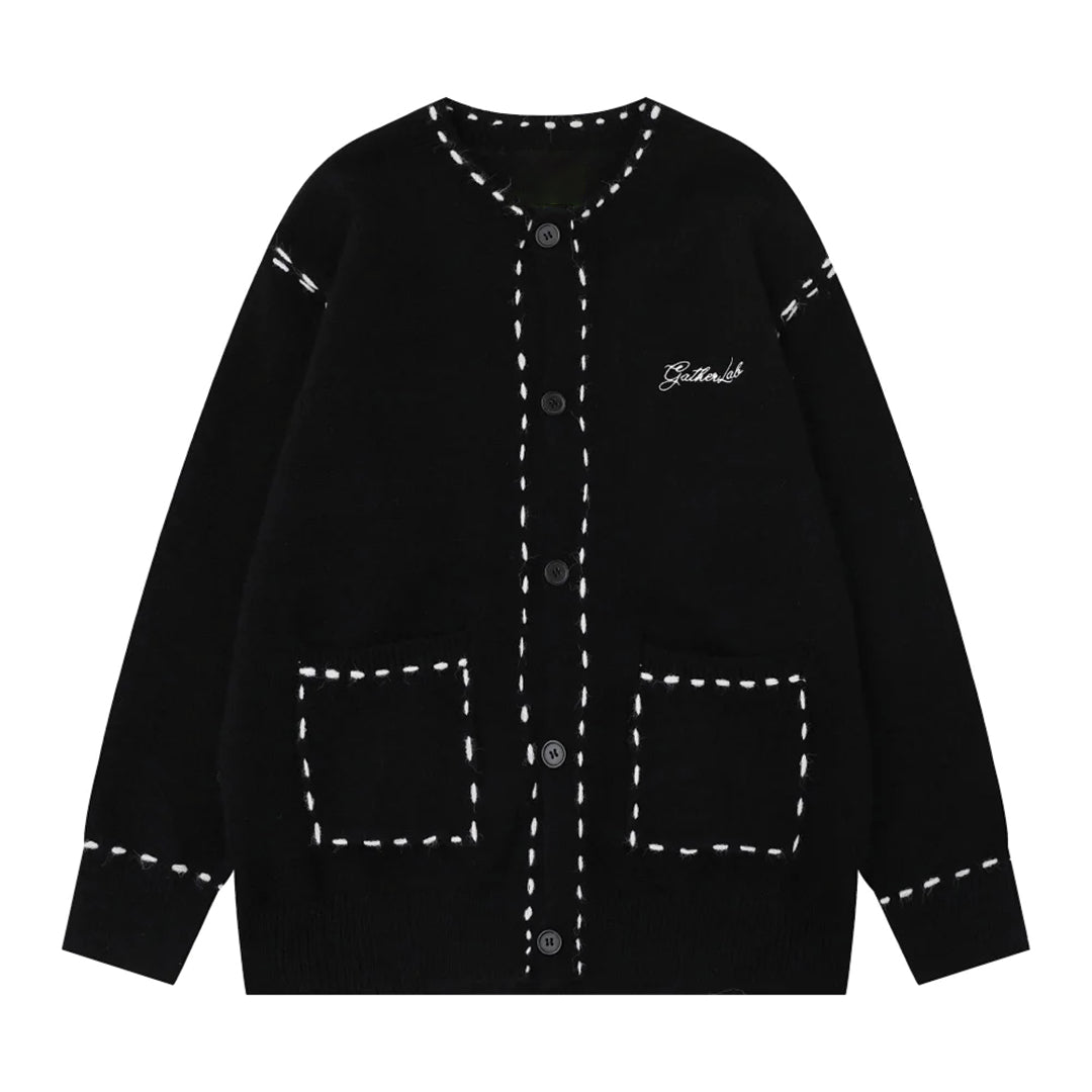 Unisex relaxed-fit knit cardigan with embroidered pocket and seam detailing for everyday layering
