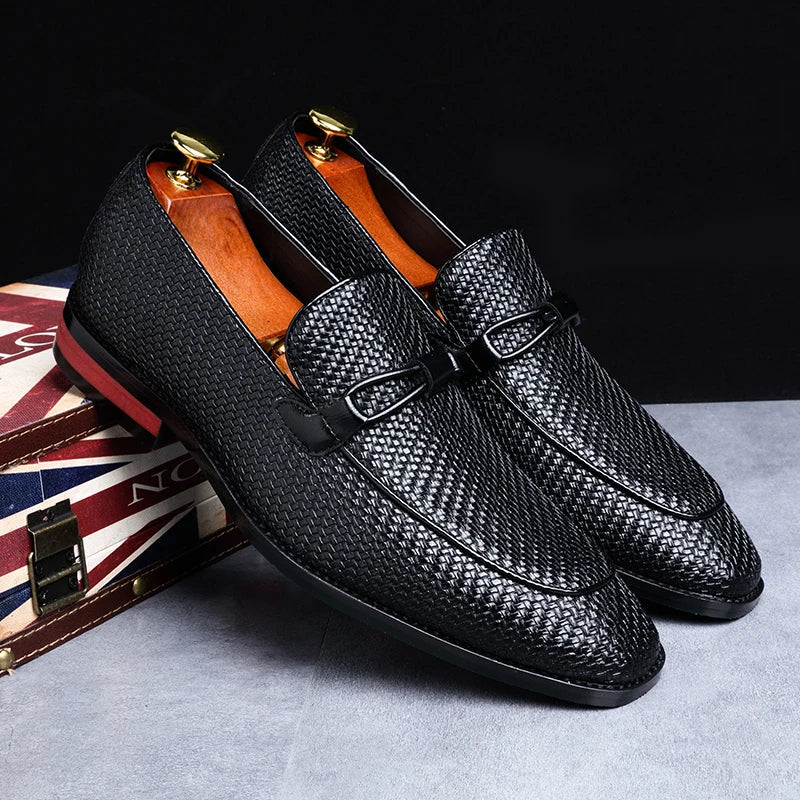 Tan woven leather loafers slip-on style handcrafted textured upper for modern professionals