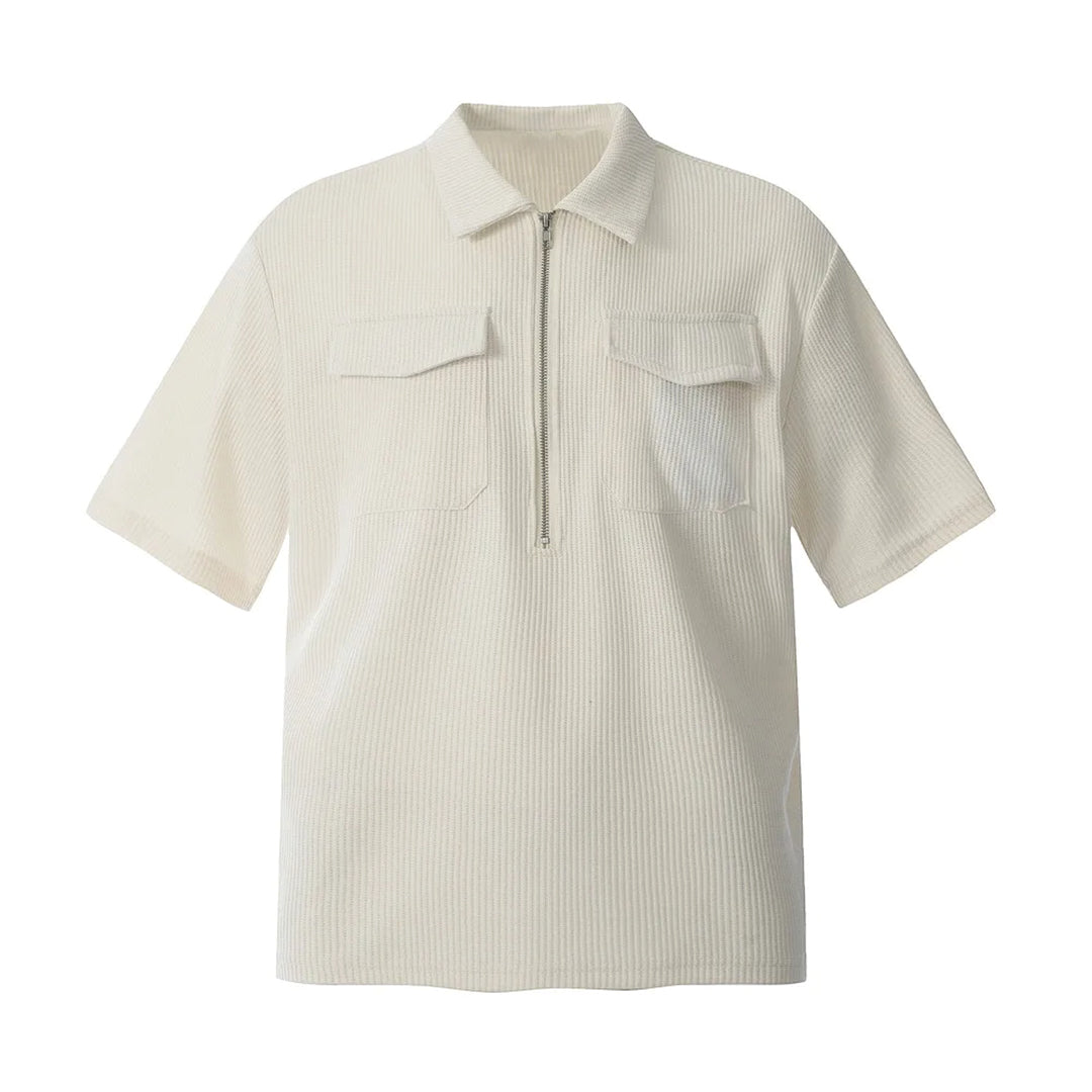 Men's gray ribbed half-zip top with dual chest pockets, relaxed cotton-blend everyday pullover