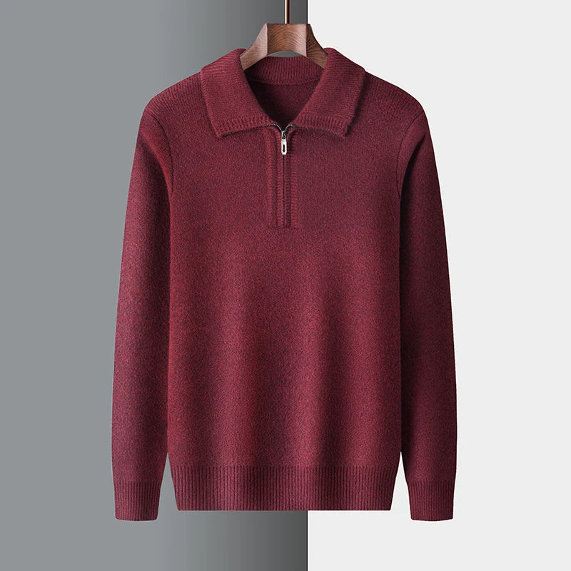 Highlands unisex beige wool half-zip knit sweater, premium 100% natural fiber cold-weather layering