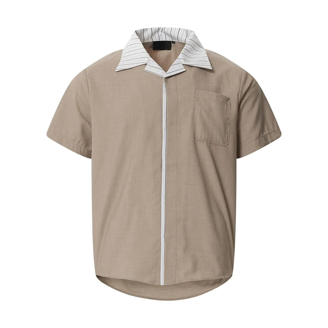 Striped cotton wide-silhouette shirt with split collar and zigzag stitch detail for professionals