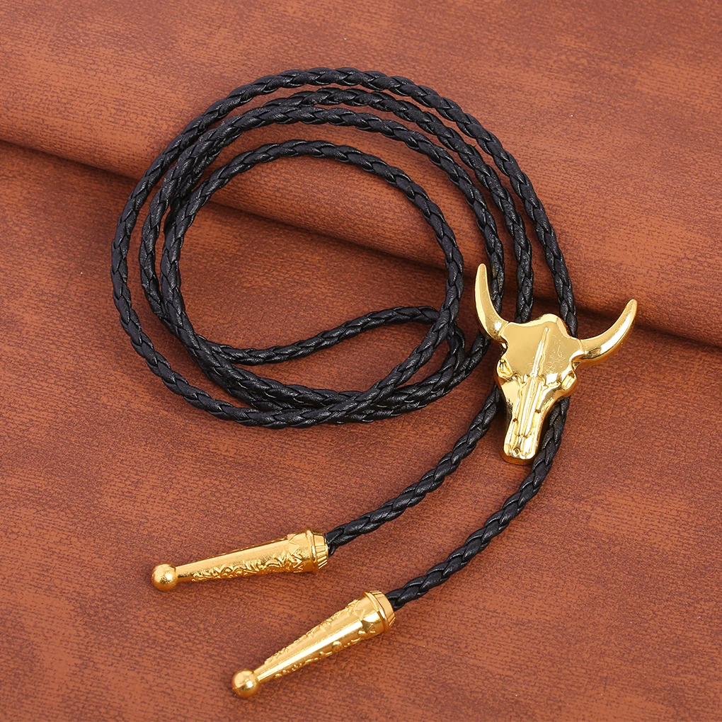 Western bolo tie sculpted longhorn skull centerpiece braided faux leather cord engraved silver tips adjustable