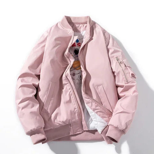 Unisex bomber jacket with velvet lining, four pockets, astronaut graphic interior, durable relaxed-fit outerwear